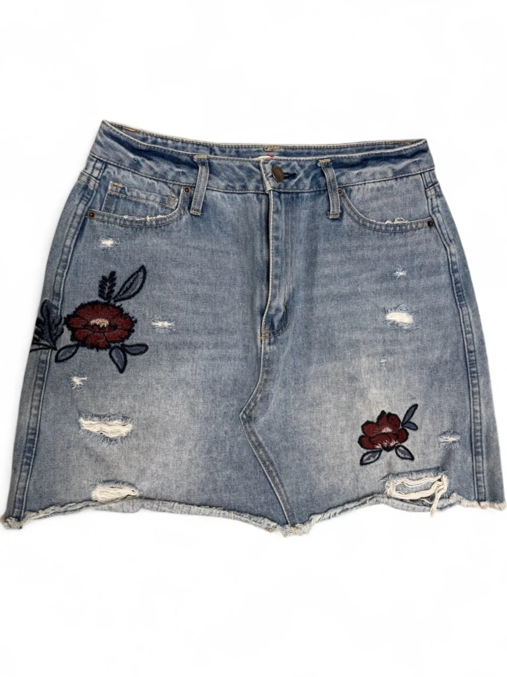 Altar’d State Floral Embroidered Distressed Denim Mini Skirt Size 28
